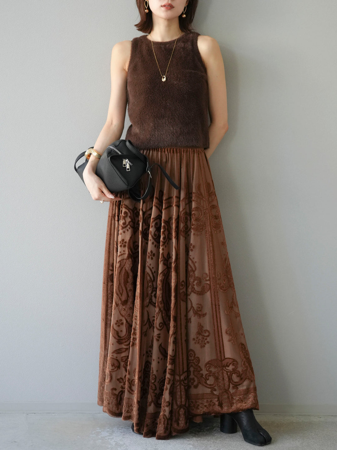 [予約]アンティーク柄フロッキーマキシスカート/ブラウン