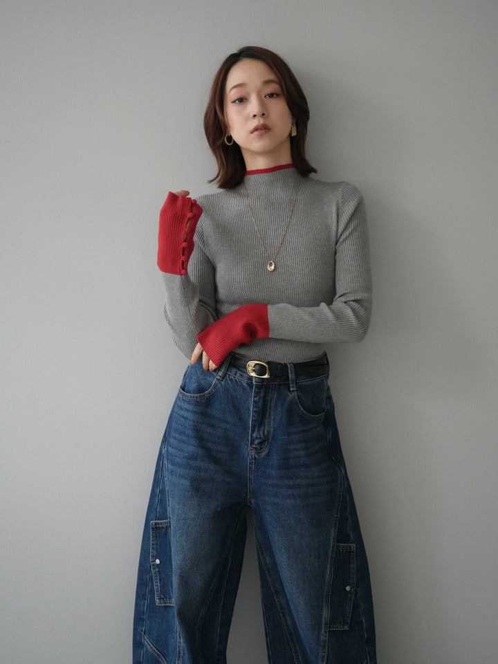 [予約]袖ボタンハイネック配色リブニットトップス/gray
