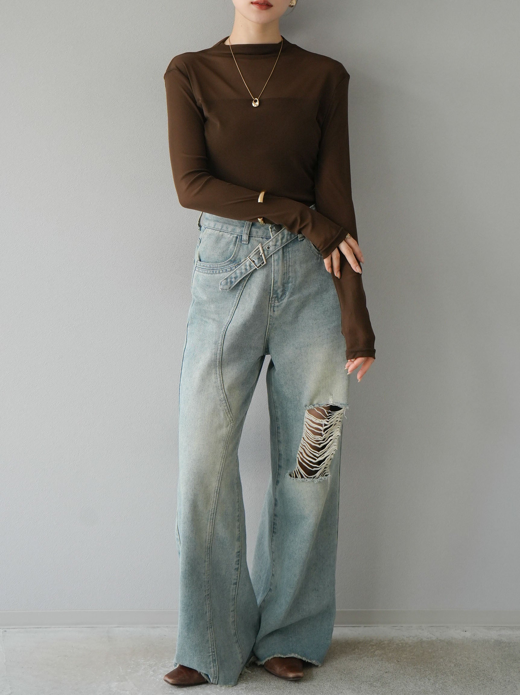 予約]シアー切替ストレッチ長袖トップス/モカ – Lumier