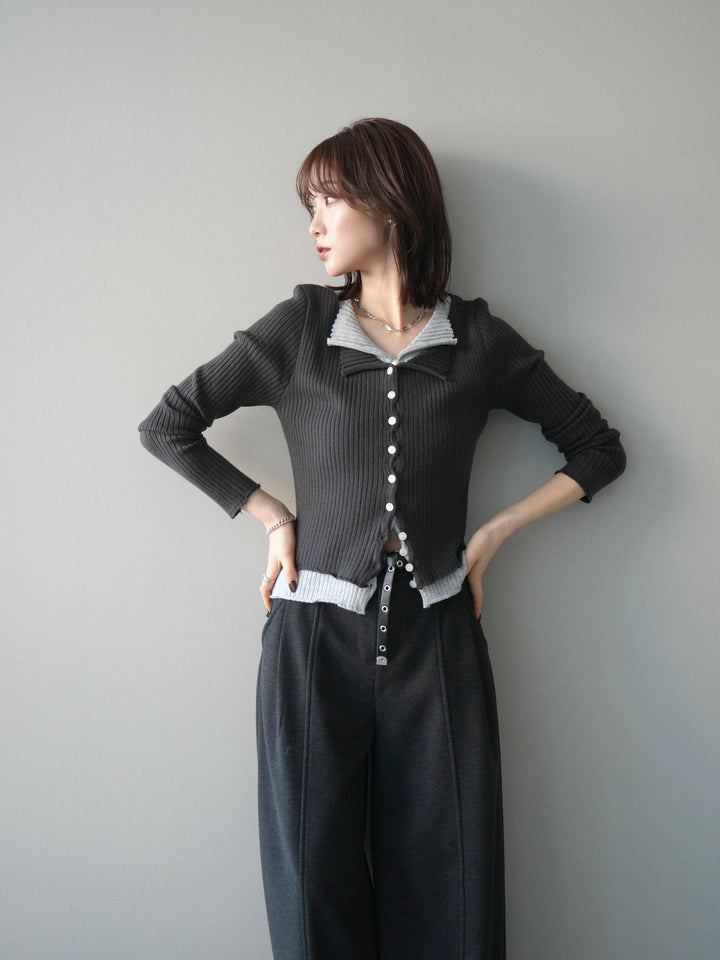 [予約]配色レイヤードリブニットカーディガン/charcoal