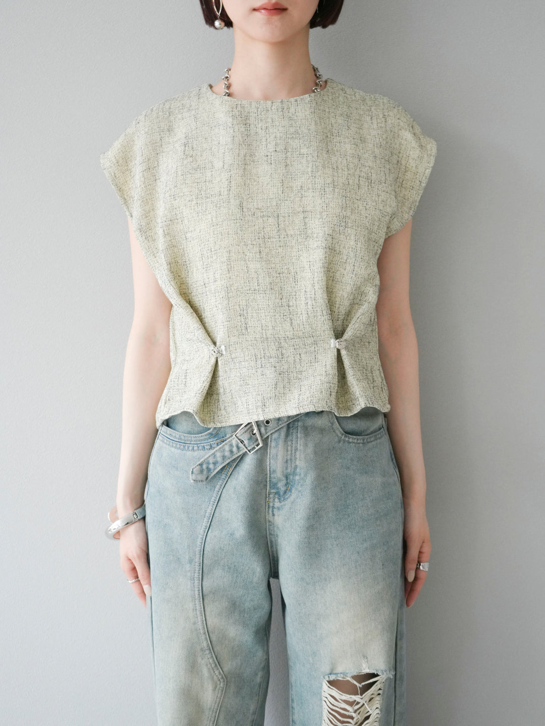 [予約]サマーツイードぺプラムブラウス/ベージュ