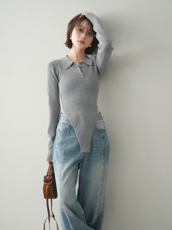 [予約]リブポロニットボディスーツ/mokugray