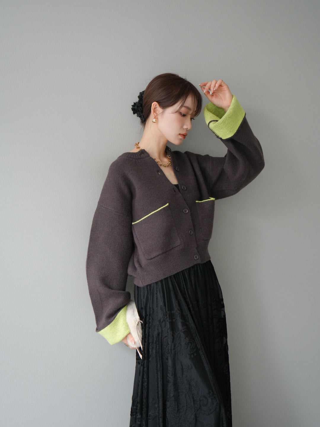 [SET]バイカラーオーバーニットカーディガン+アンティーク柄フロッキーマキシスカート(2set)