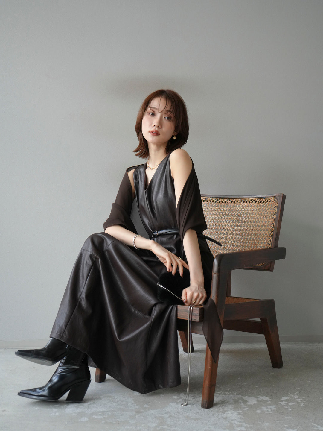 [予約]レザーAラインワンピース/ブラウン