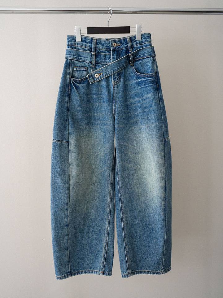 【套裝】無袖亞麻質感透視針織套頭衫 + 不對稱闊腿牛仔褲（兩件套）