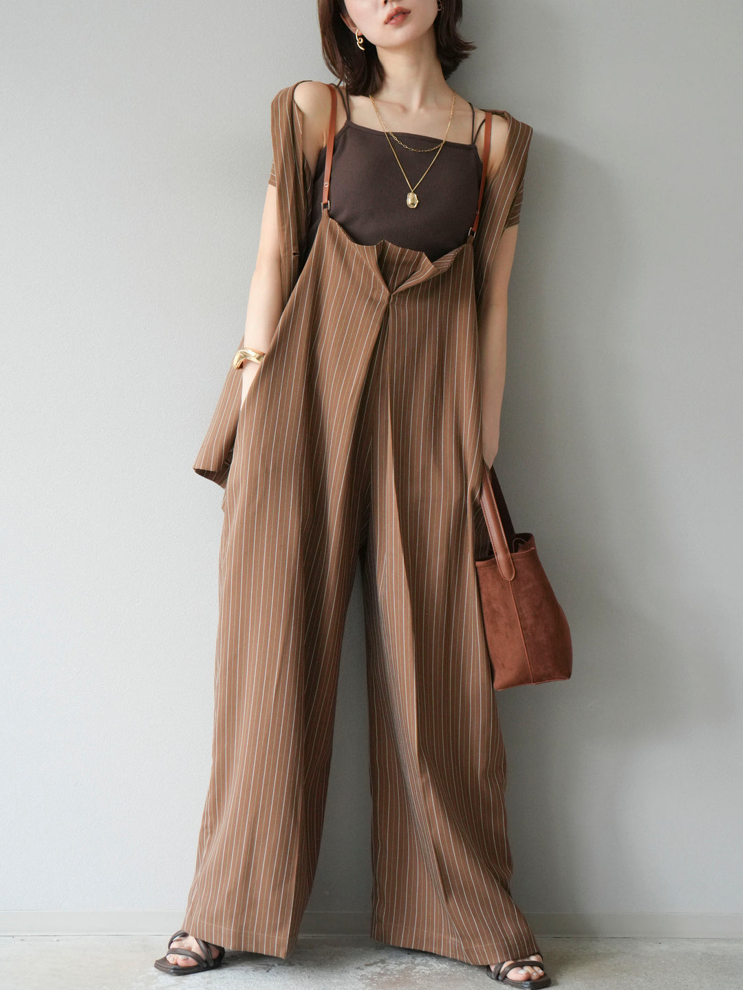 【着回しセット】[SET]ヘリンボーンストライプジレ+シアー切替ベロアトップス+ヘリンボーンストライプサロペット(3set)