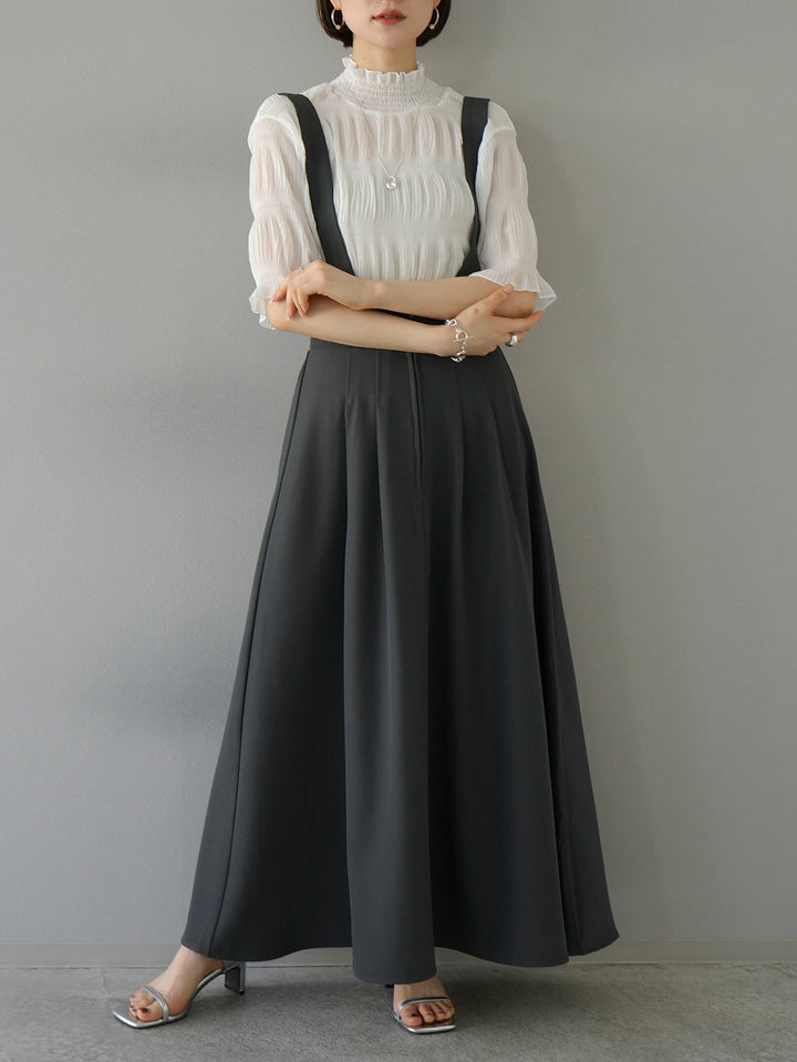 [SET] Shirring chiffon half sleeve blouse + 2WAY flare jumper skirt (2set)