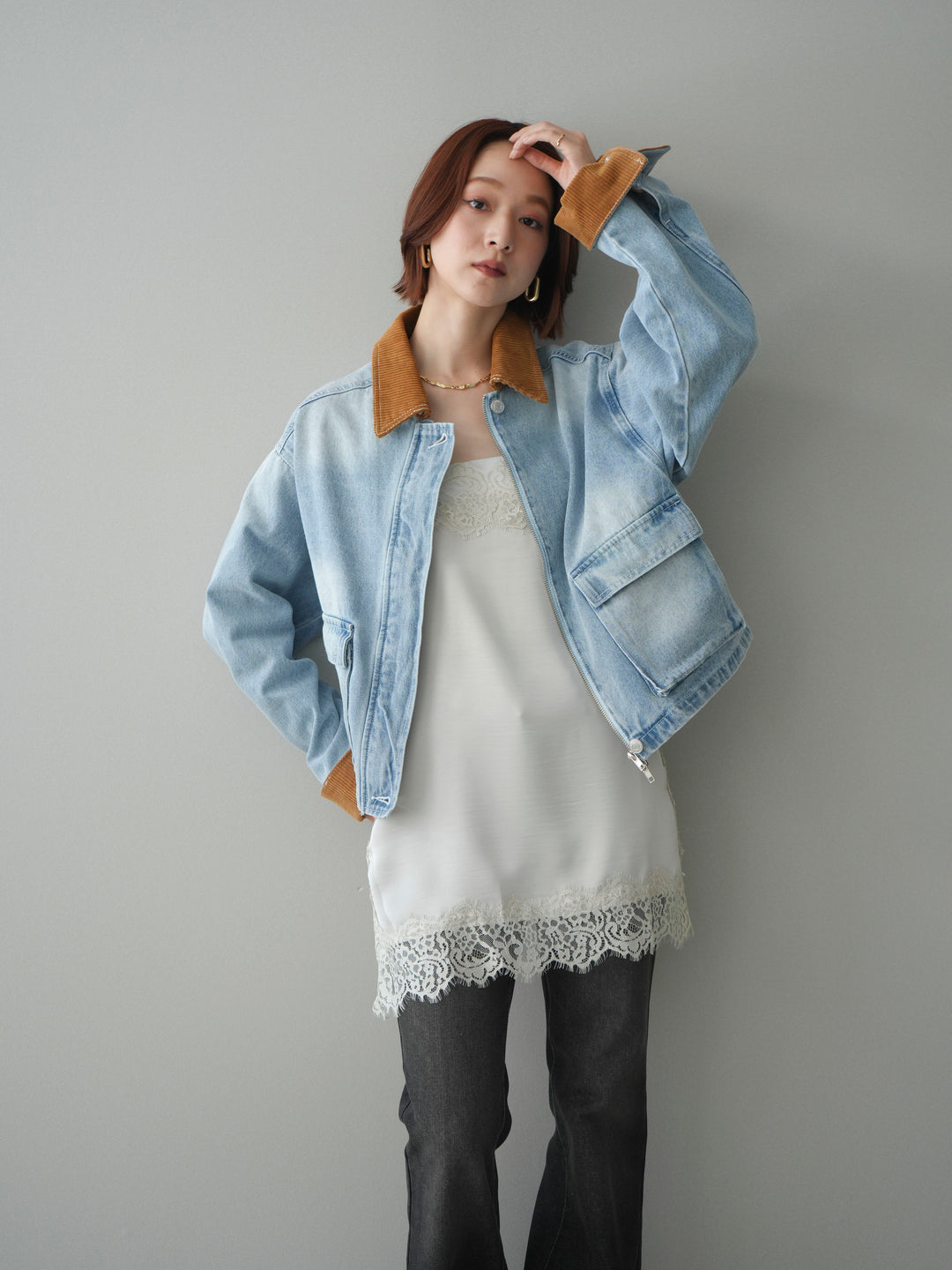 [予約]コーデュロイ×デニムショートカバーオール/bleach