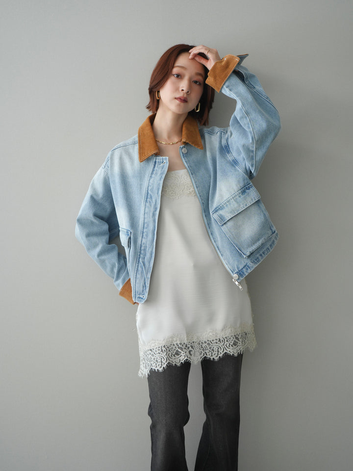 [予約]コーデュロイ×デニムショートカバーオール/bleach