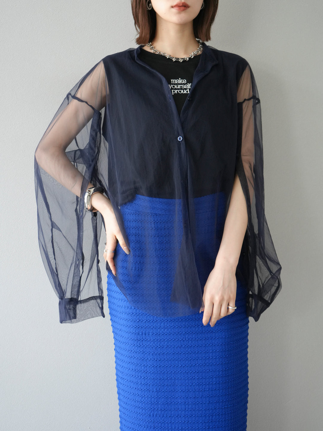[予約]2WAYスリーブチュールシャツ/ネイビー