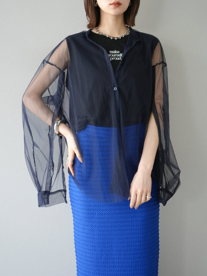 [予約]2WAYスリーブチュールシャツ/ネイビー