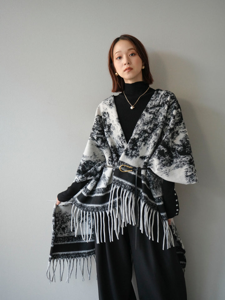 [予約]アブストラクト柄ストールポンチョ/グレー