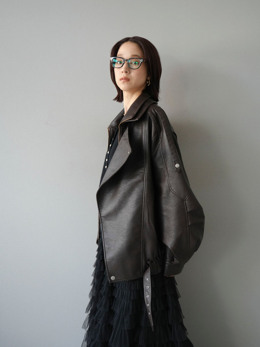 [予約]スタンドカラーフェイクレザーブルゾン/ブラウン