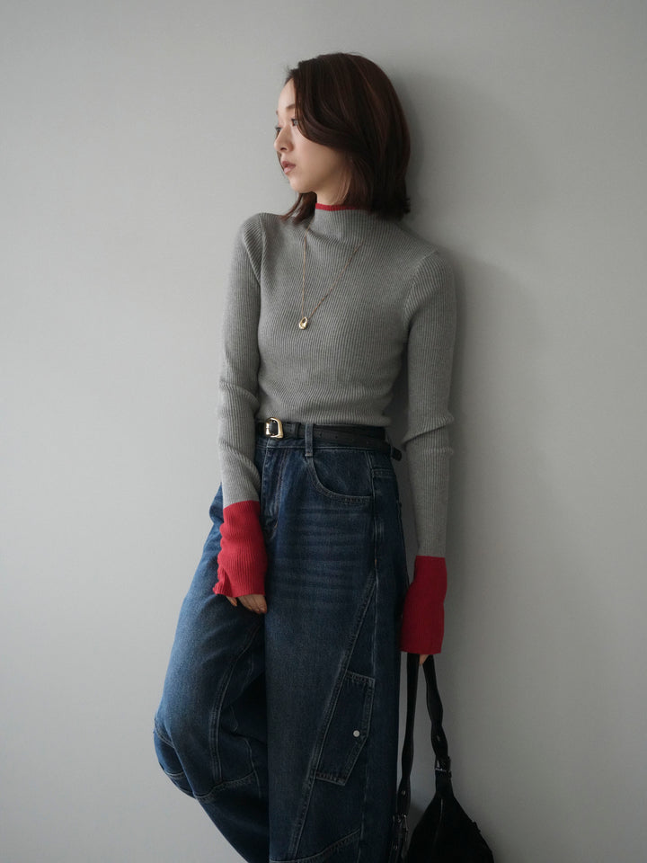 [予約]袖ボタンハイネック配色リブニットトップス/gray