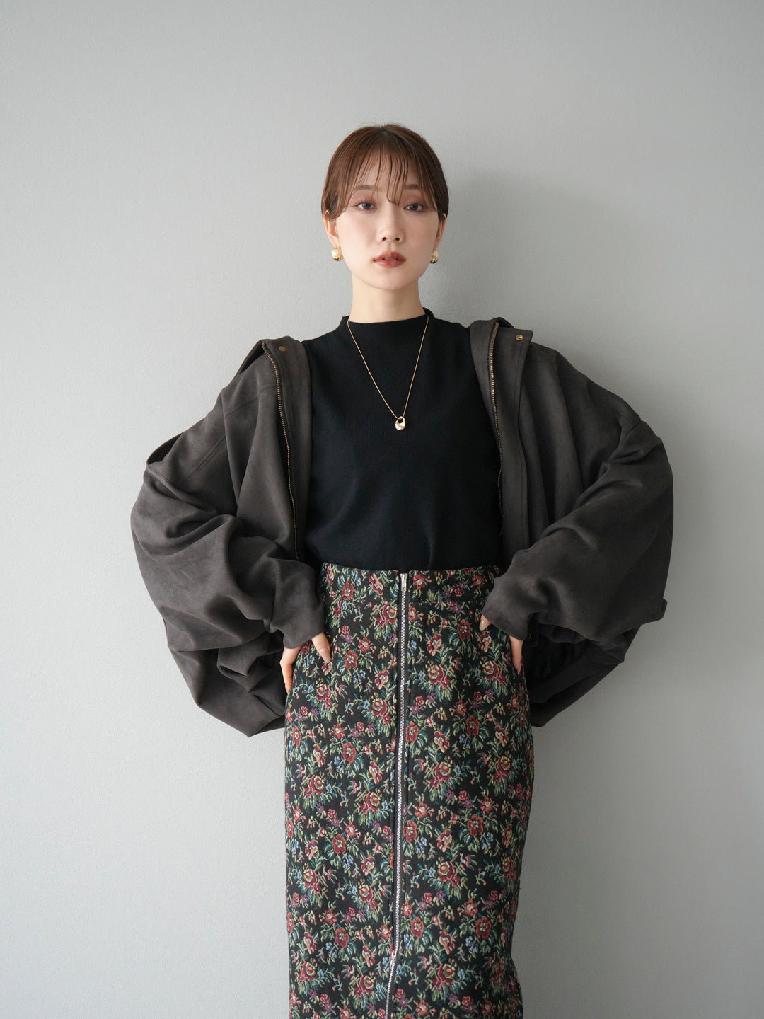 [SET]スウェードオーバーブルゾン+ゴブランフロントジップタイトスカート(2set)