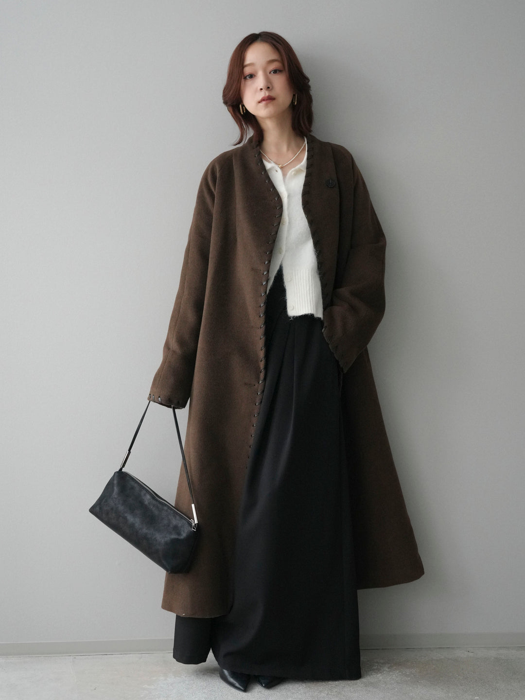 [SET]ハンドステッチ裏中綿ロングコート+テープベルトタックバギーパンツ(2set)