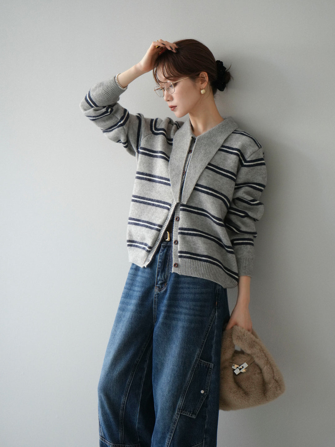 [予約]ボウタイボーダーニットカーディガン/gray