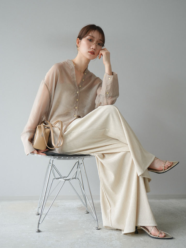 [SET] 亮面透視立領襯衫 + 柳葉寬褲 (2set)