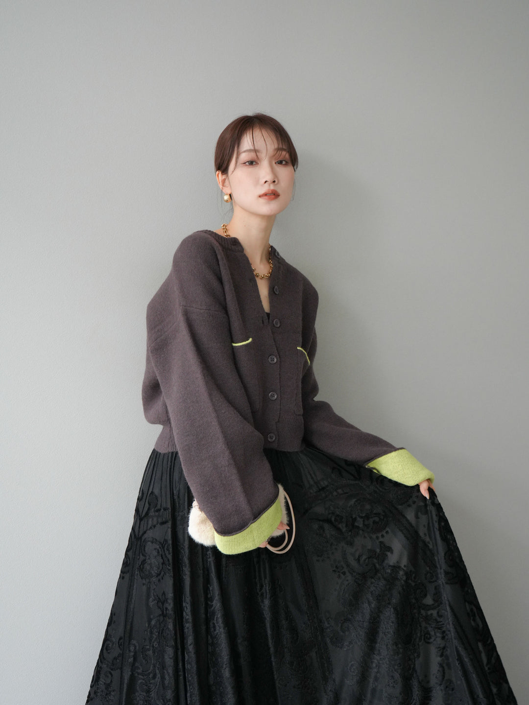 [SET]バイカラーオーバーニットカーディガン+アンティーク柄フロッキーマキシスカート(2set)