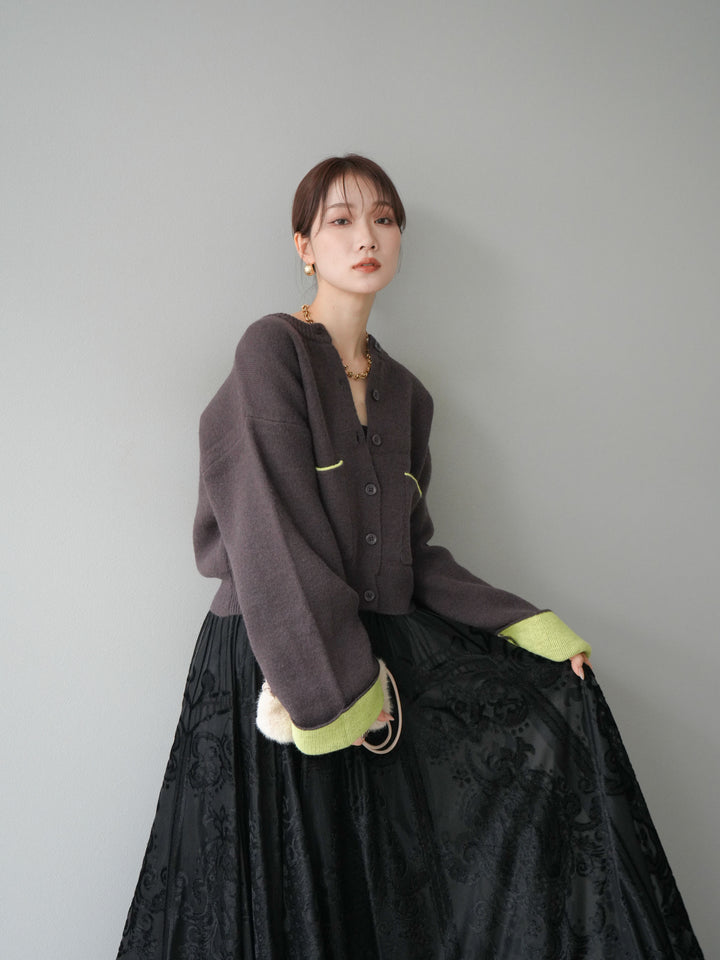 [SET]バイカラーオーバーニットカーディガン+アンティーク柄フロッキーマキシスカート(2set)