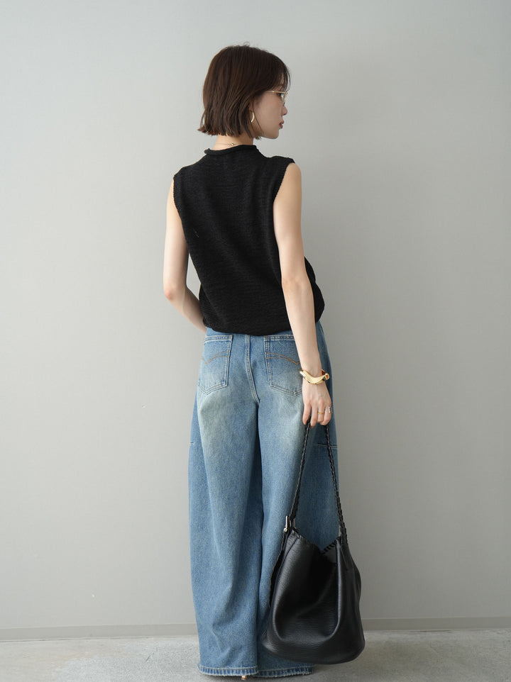 【套裝】無袖亞麻質感透視針織套頭衫 + 不對稱闊腿牛仔褲（兩件套）