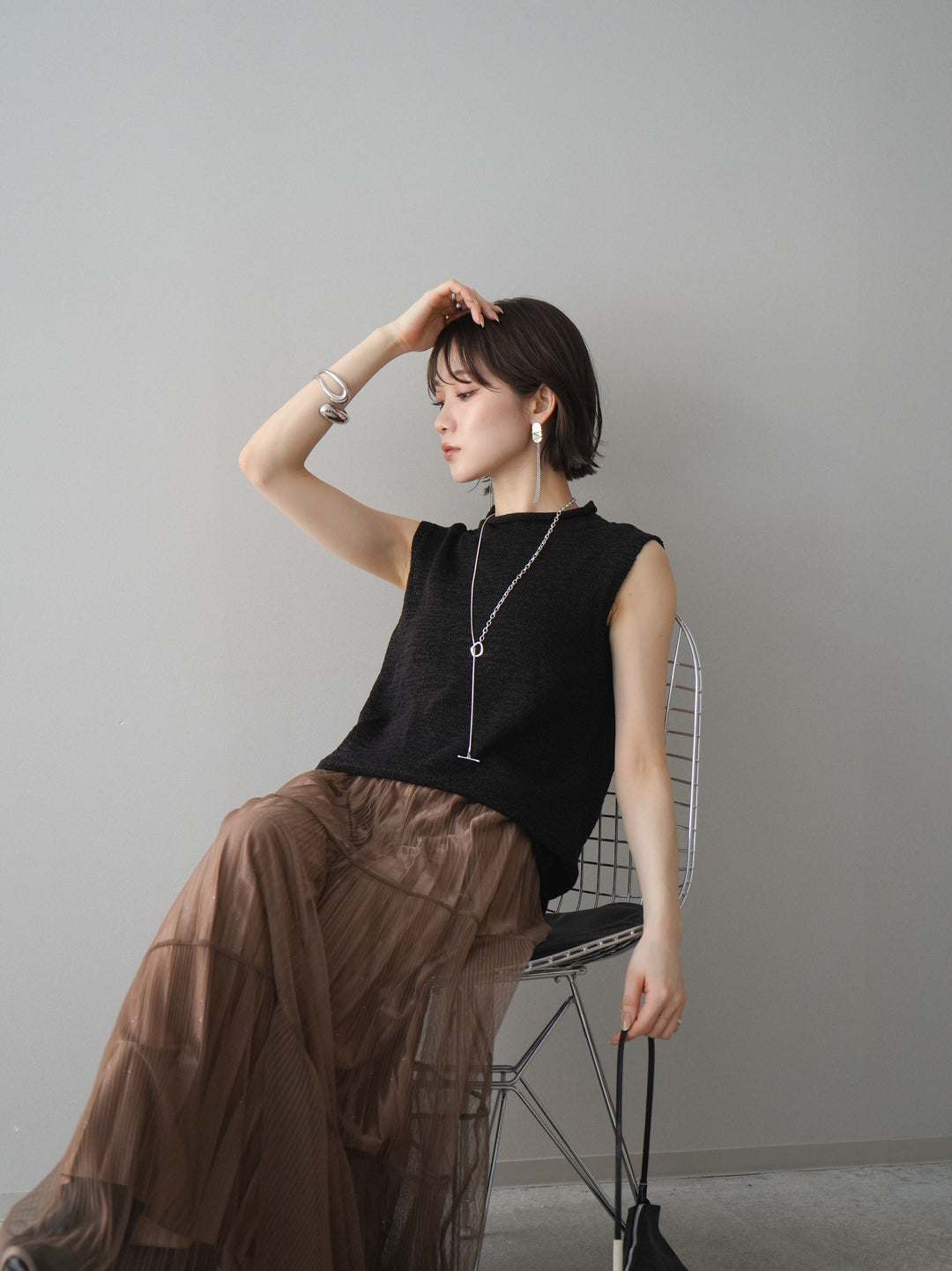 [予約]ノースリーブリネンタッチシアーニットプルオーバー/black