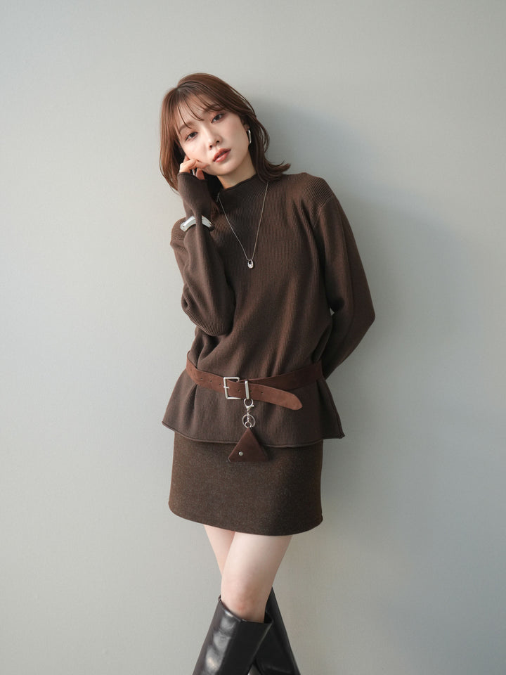 [予約]ボトルネック裾カールリブニットトップス/brown