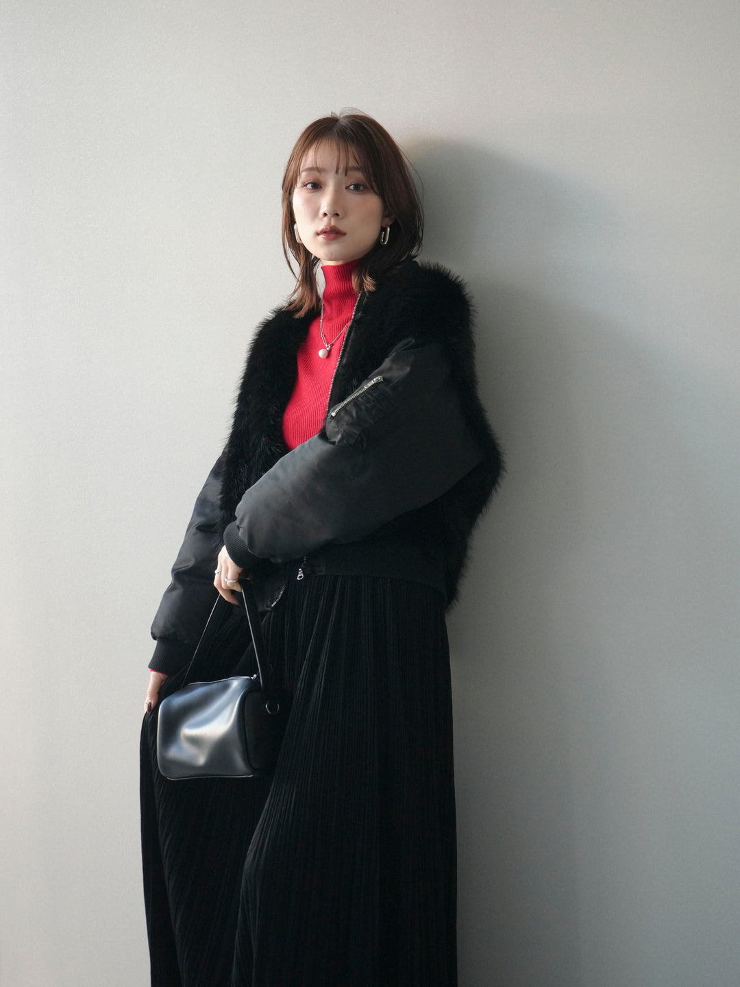 [SET]ファードッキングMA-1+袖ボタンボトルネックリブニットトップス(2set)