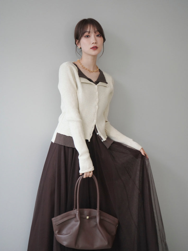 [予約]配色レイヤードリブニットカーディガン/ivory