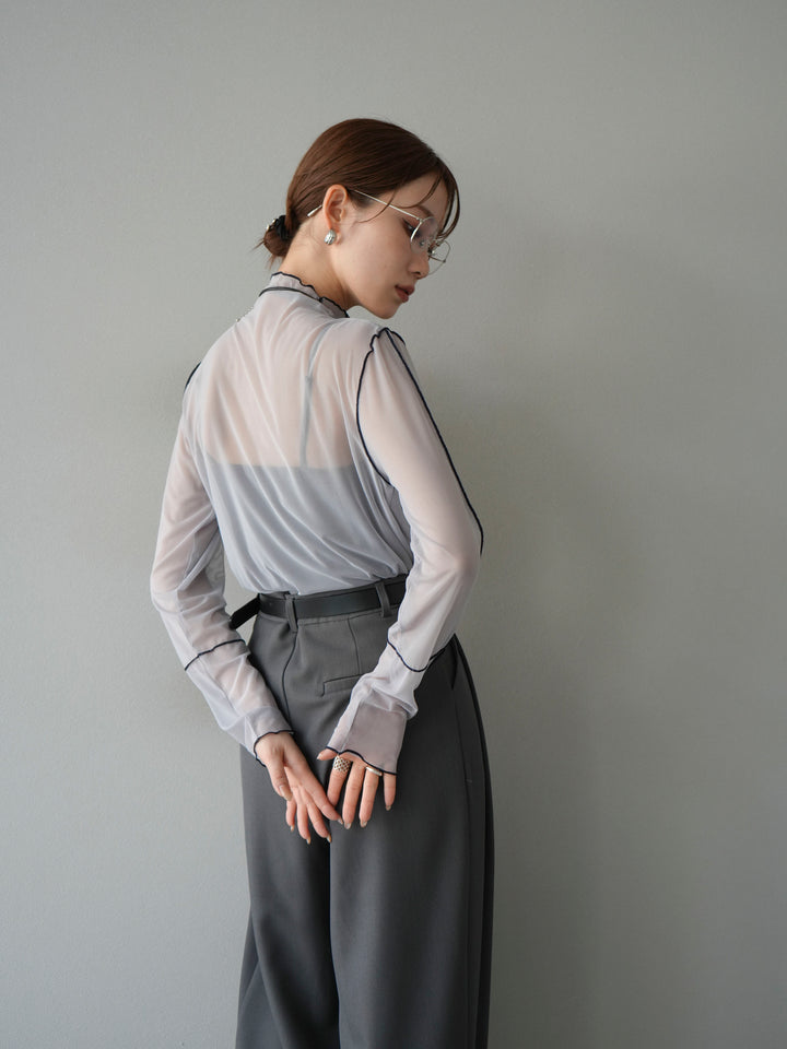 [予約]シアーパイピングカットソー/ライトグレー×ネイビー