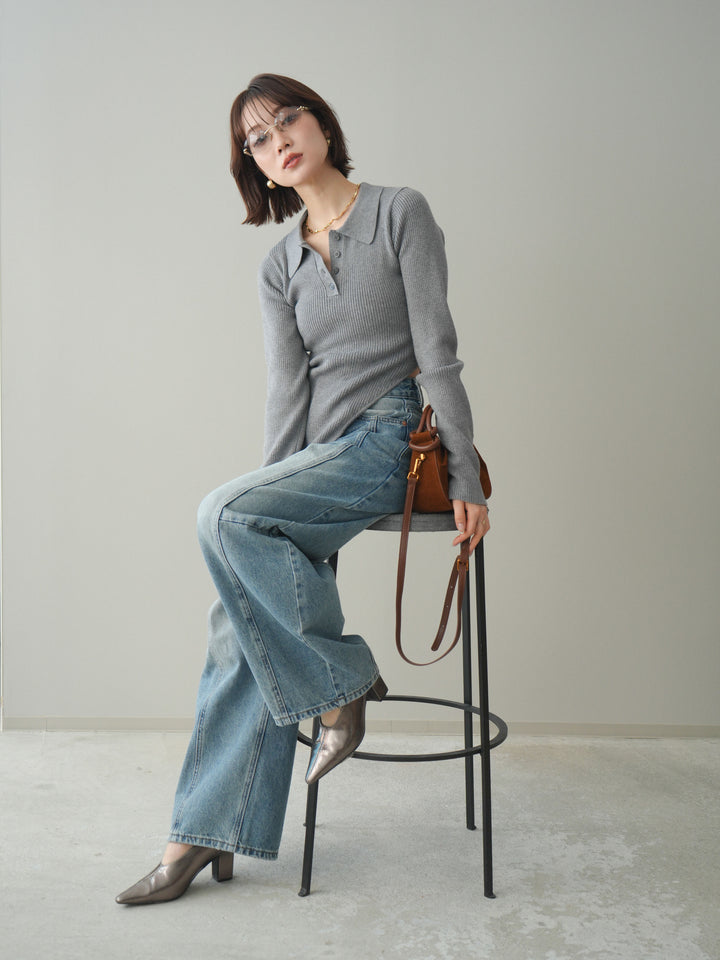 [予約]リブポロニットボディスーツ/mokugray