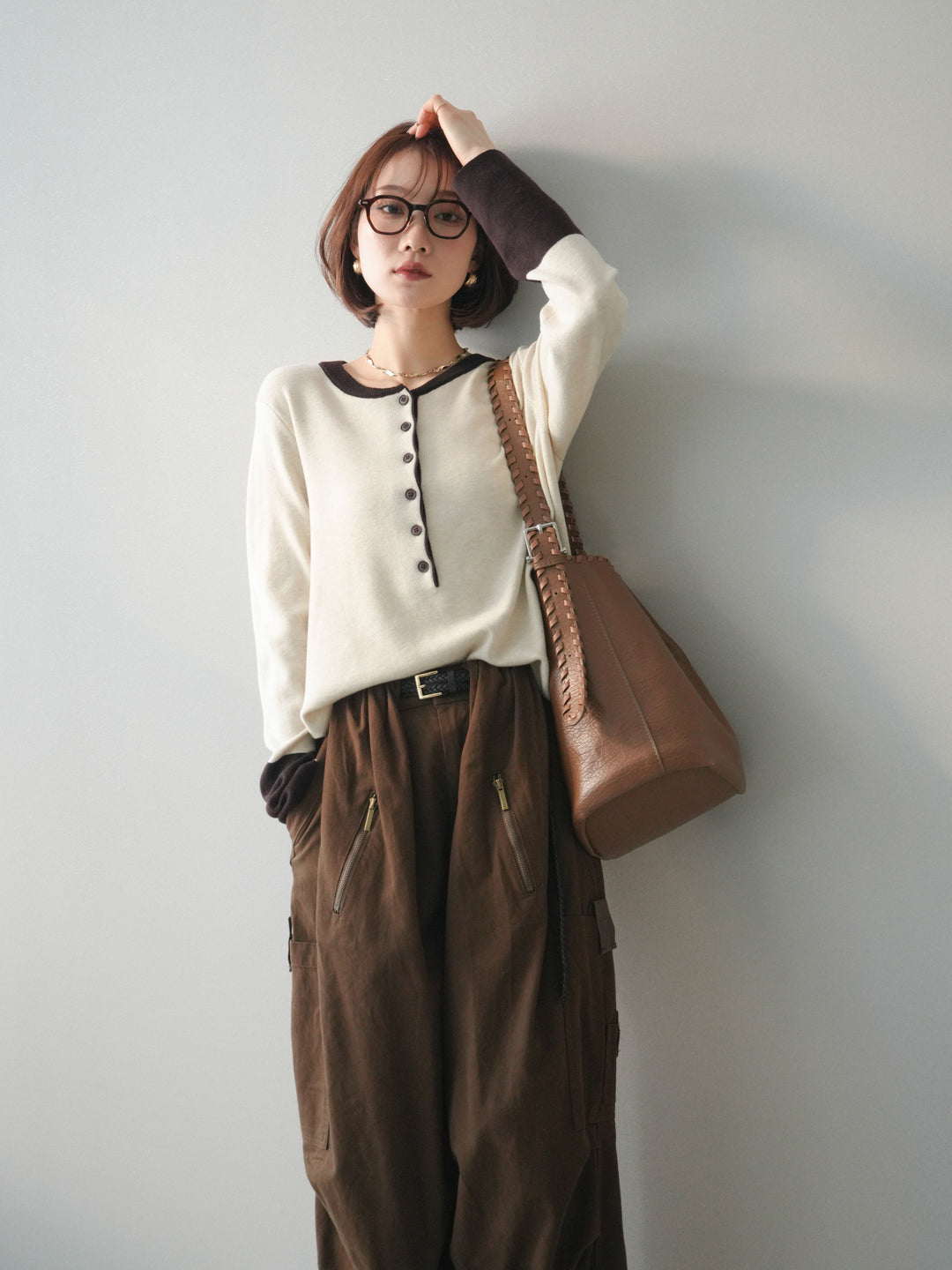 [SET]ヘンリーネック配色ニットソー+コットンタックループパンツ(2set)