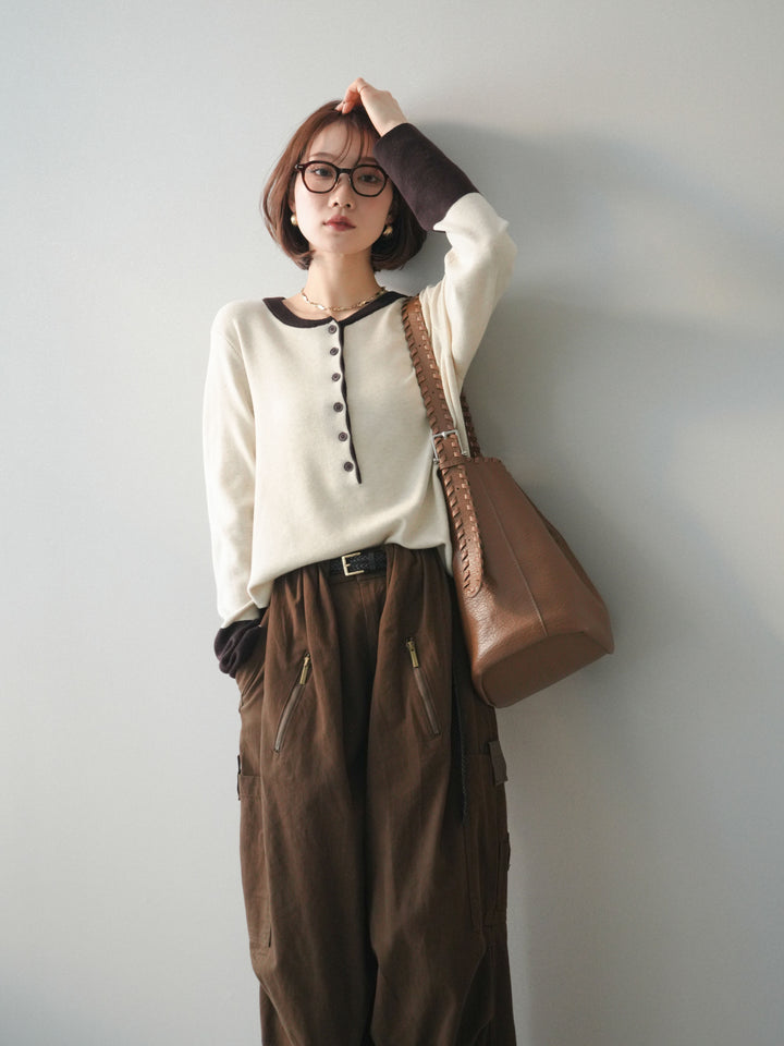 [SET]ヘンリーネック配色ニットソー+コットンタックループパンツ(2set)