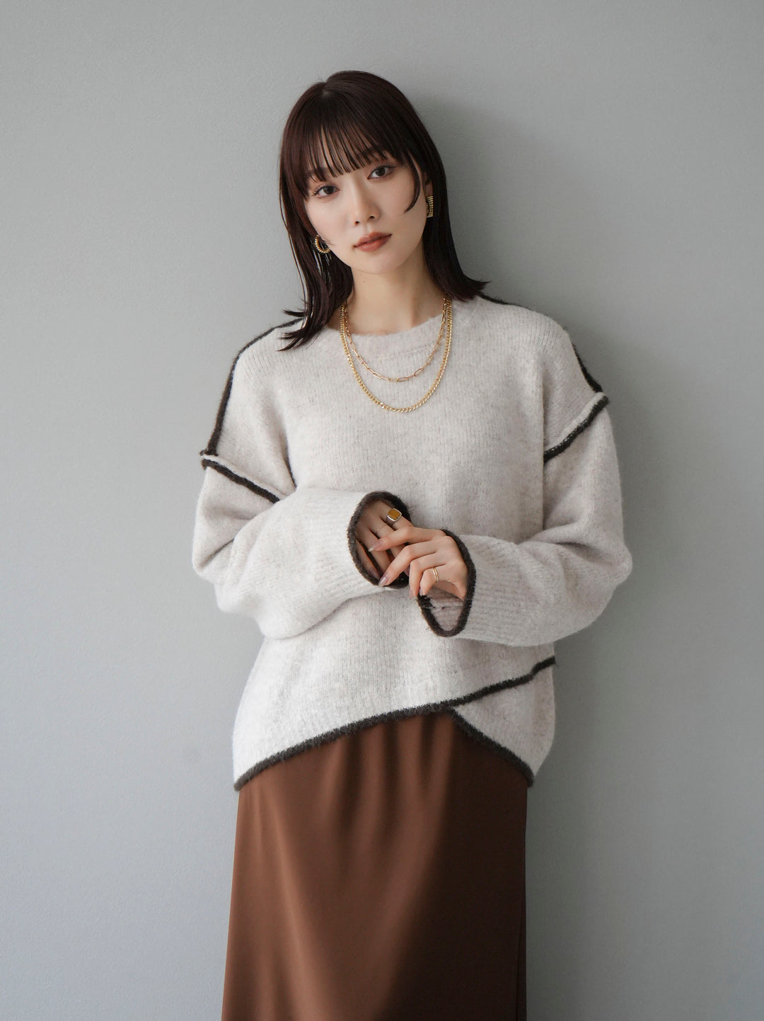 [預訂] 色彩協調針織套頭衫/象牙色