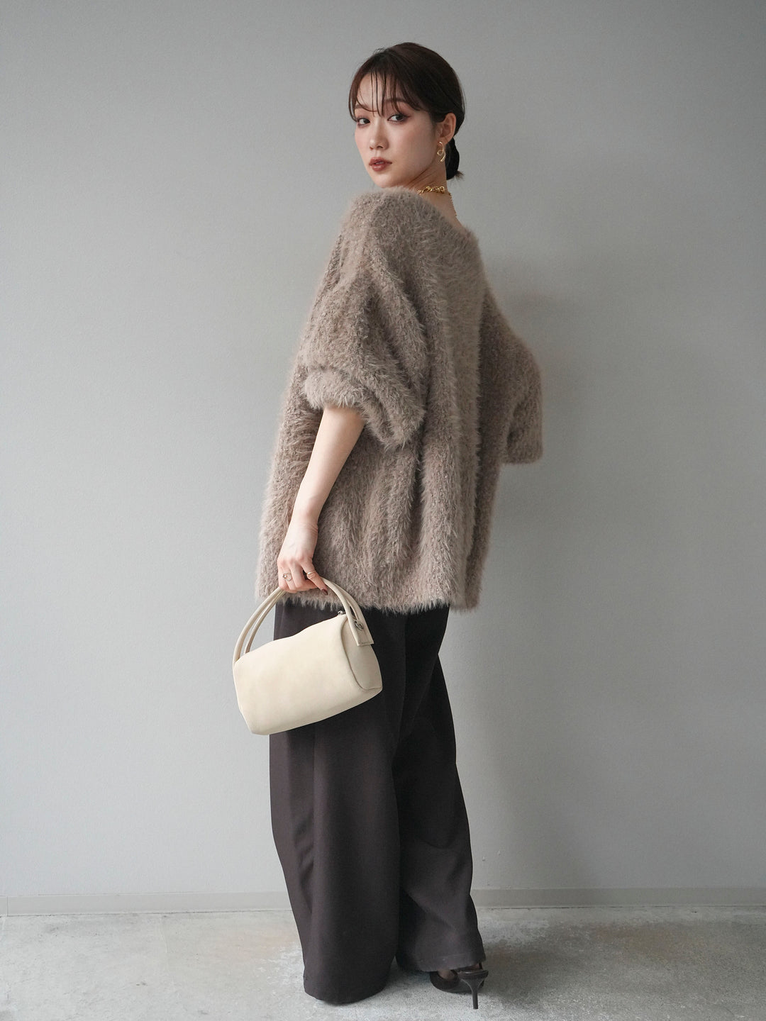 [SET]クルーネックランダムシャギーカーディガン+ベルトループデザインワイドパンツ(2set)