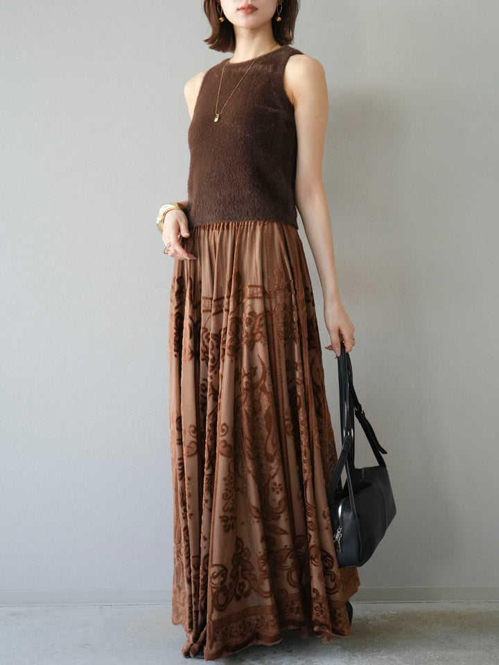 [予約]アンティーク柄フロッキーマキシスカート/ブラウン