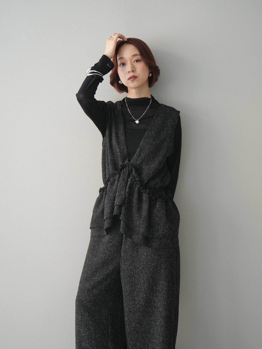 [SET]3WAYミックスツイードギャザーオールインワン+シアープチネックストレッチトップス(2set)