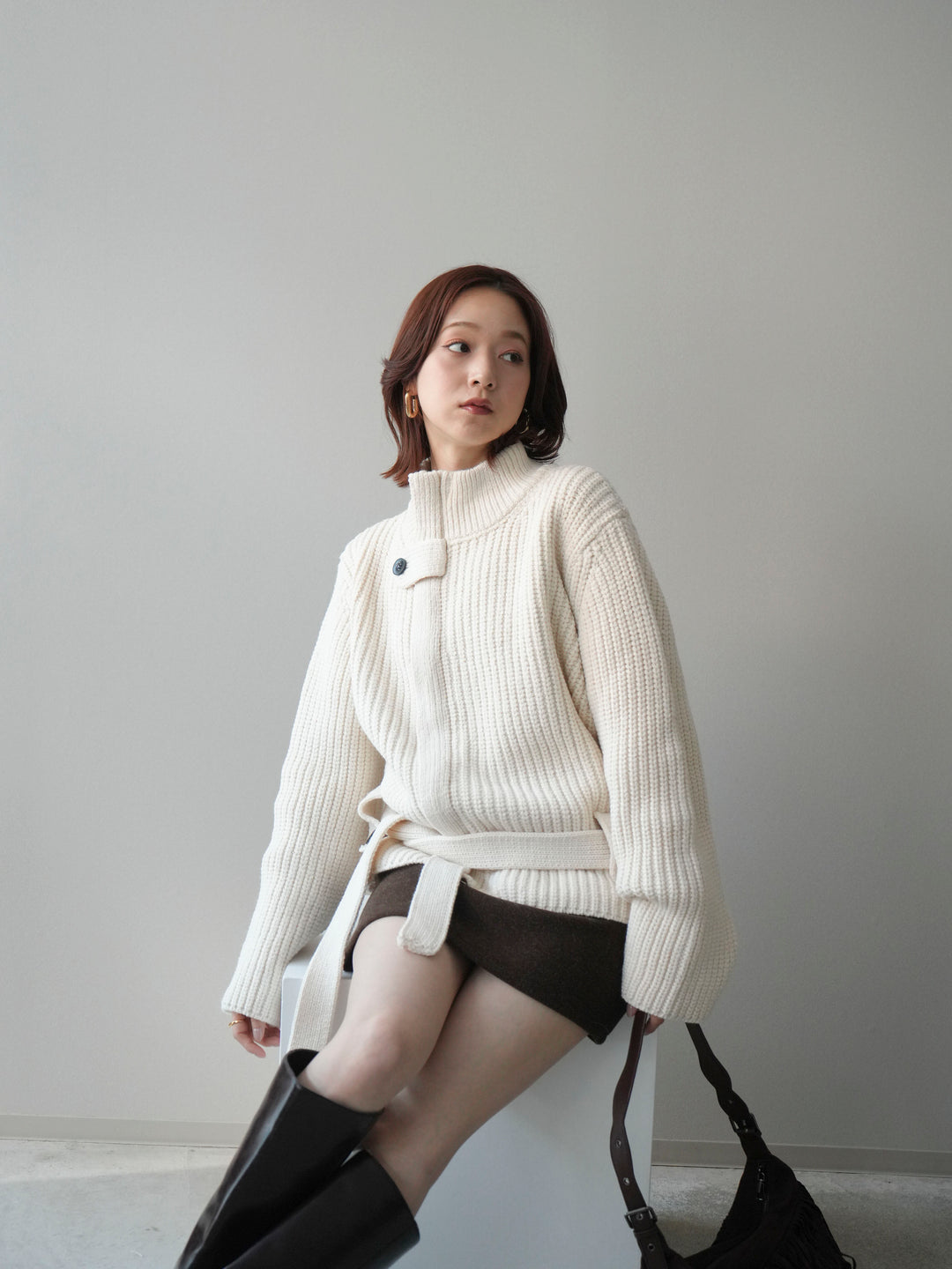 [予約]畦編みボトルネックZIPニットカーディガン/white