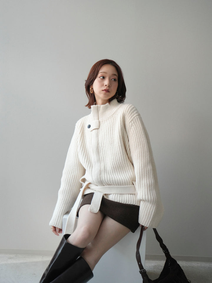 [予約]畦編みボトルネックZIPニットカーディガン/white