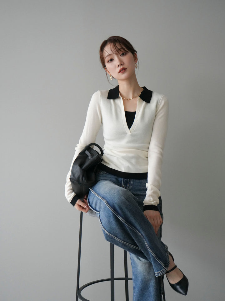 [予約]レイヤード配色ポロニットトップス/beige