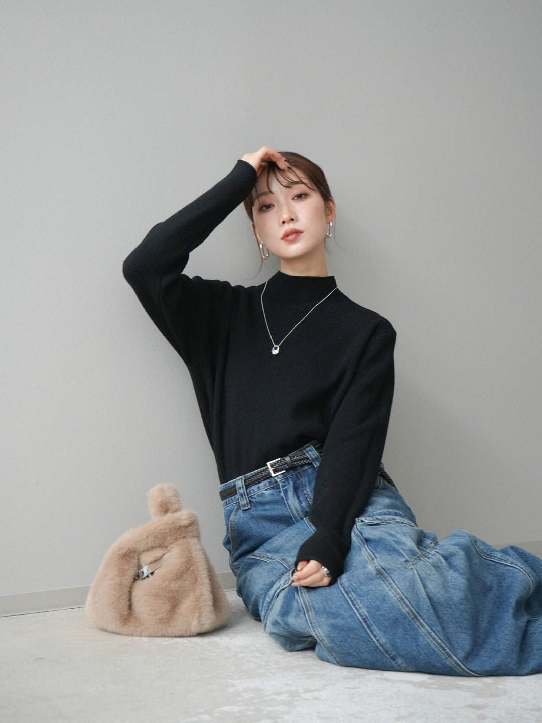 [SET]ボトルネック裾カールリブニットトップス+ボトルネック裾カールリブニットトップス(2set)