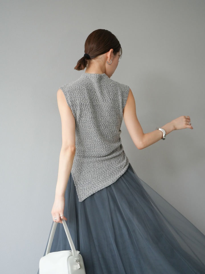 [SET]ブークレアシメニットノースリーブトップス+チュールボリュームスカート(2set)