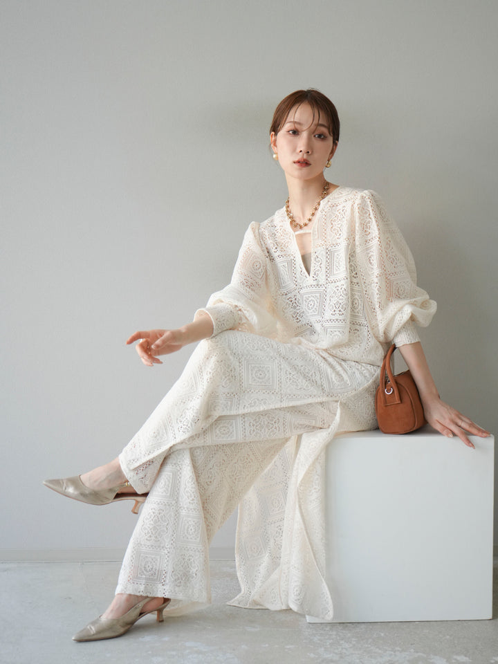 【套裝】塊蕾絲捲袖洋裝+塊蕾絲寬褲（2套）