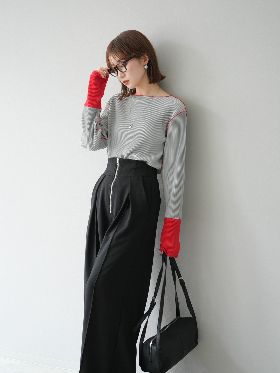 [予約]バイカラープリーツトップス/グレー