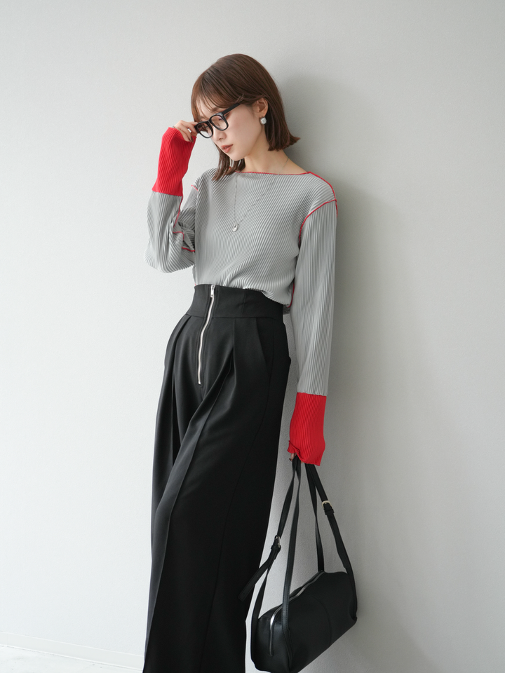 [予約]バイカラープリーツトップス/グレー