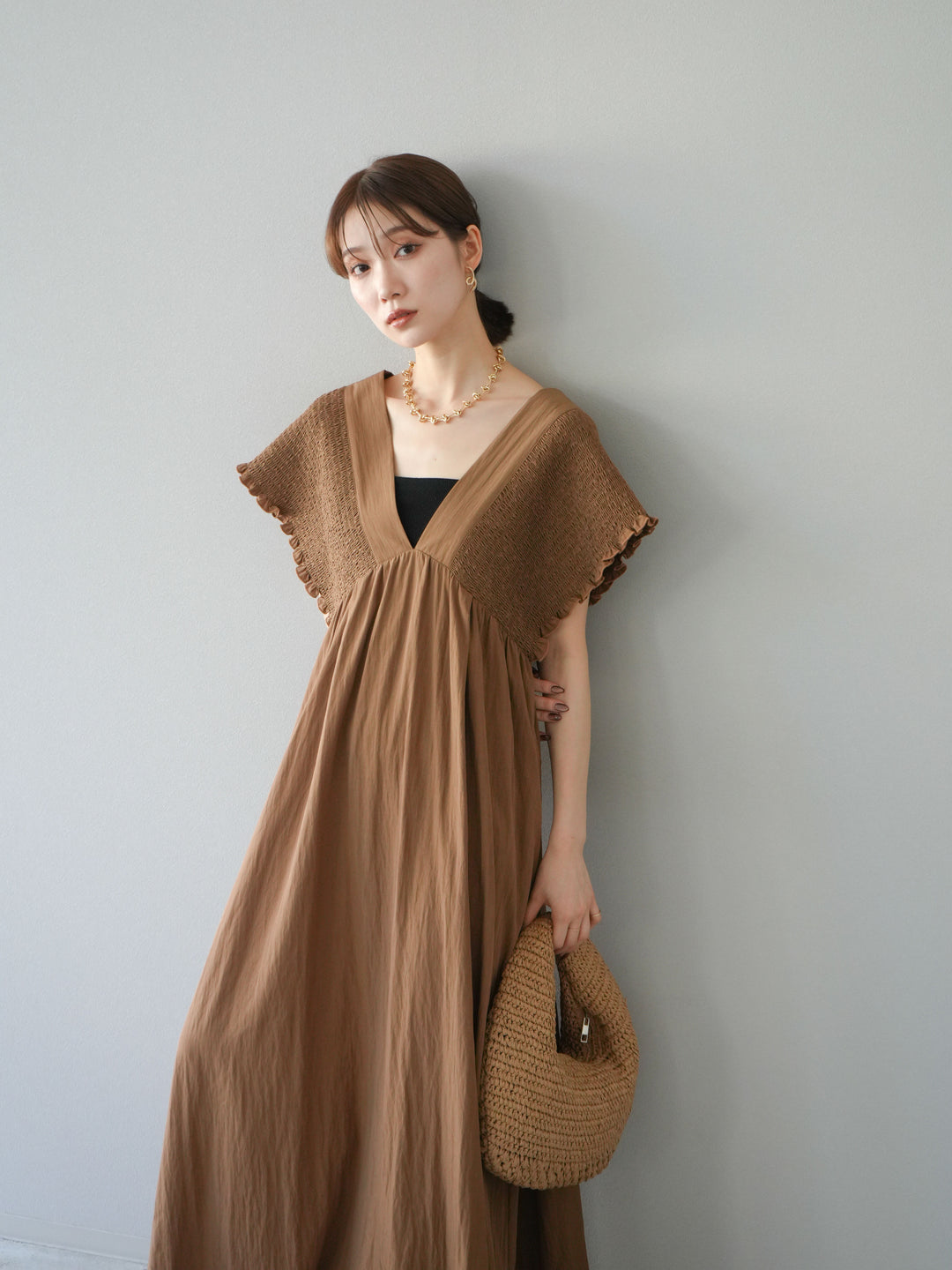 [SET] 褶皺V領連身裙 + 褶皺V領連身裙 (2件套)