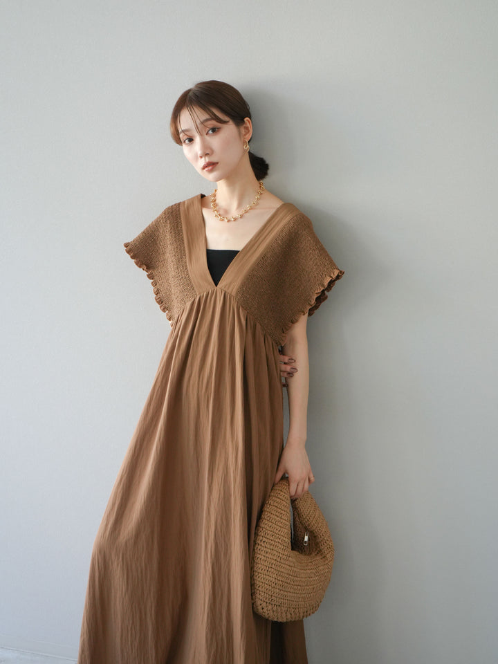 [SET] 褶皺V領連身裙 + 褶皺V領連身裙 (2件套)