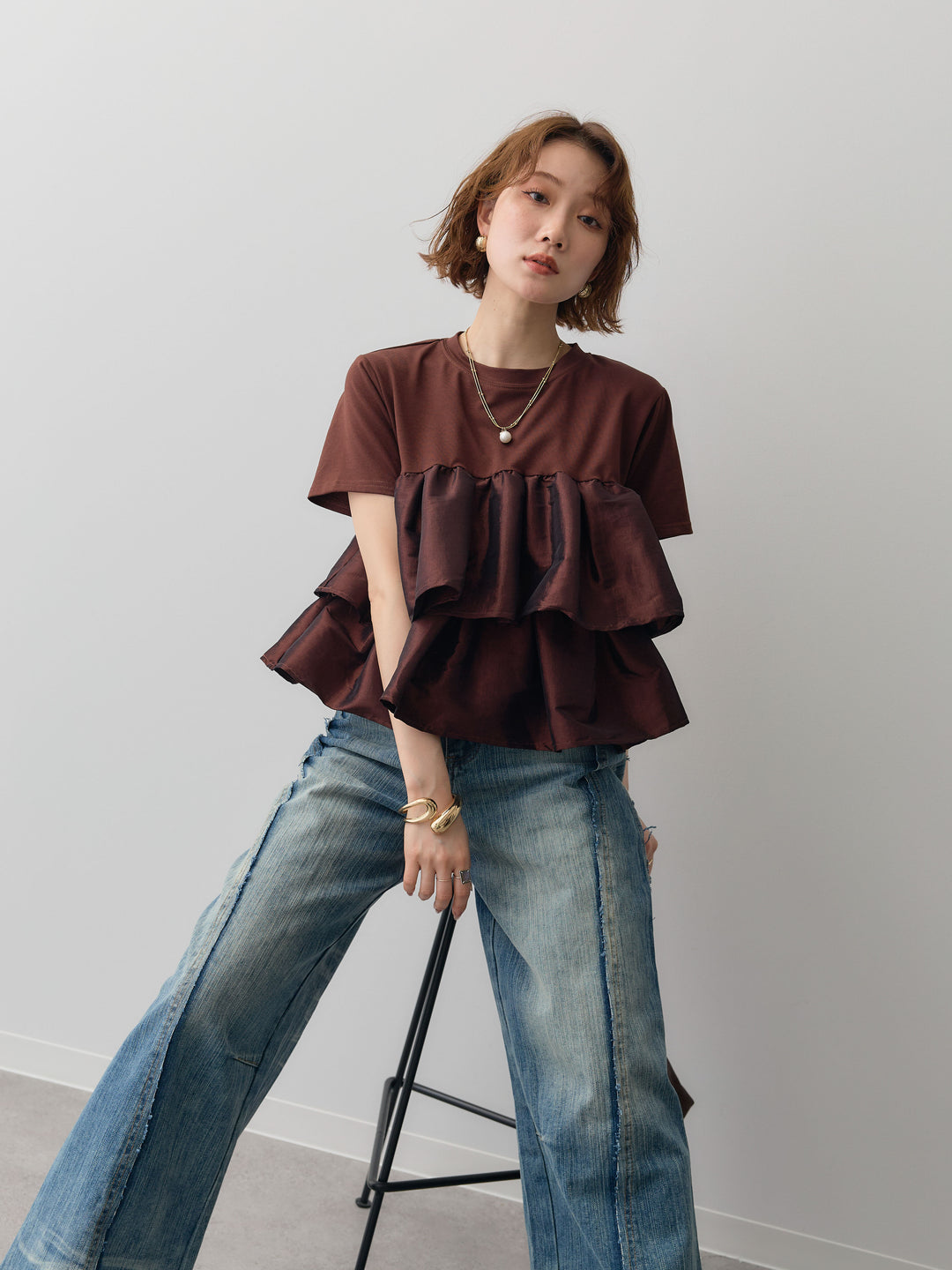 [SET]フリルティアードTEE+縦ウォッシュワイドデニムパンツ(2set)