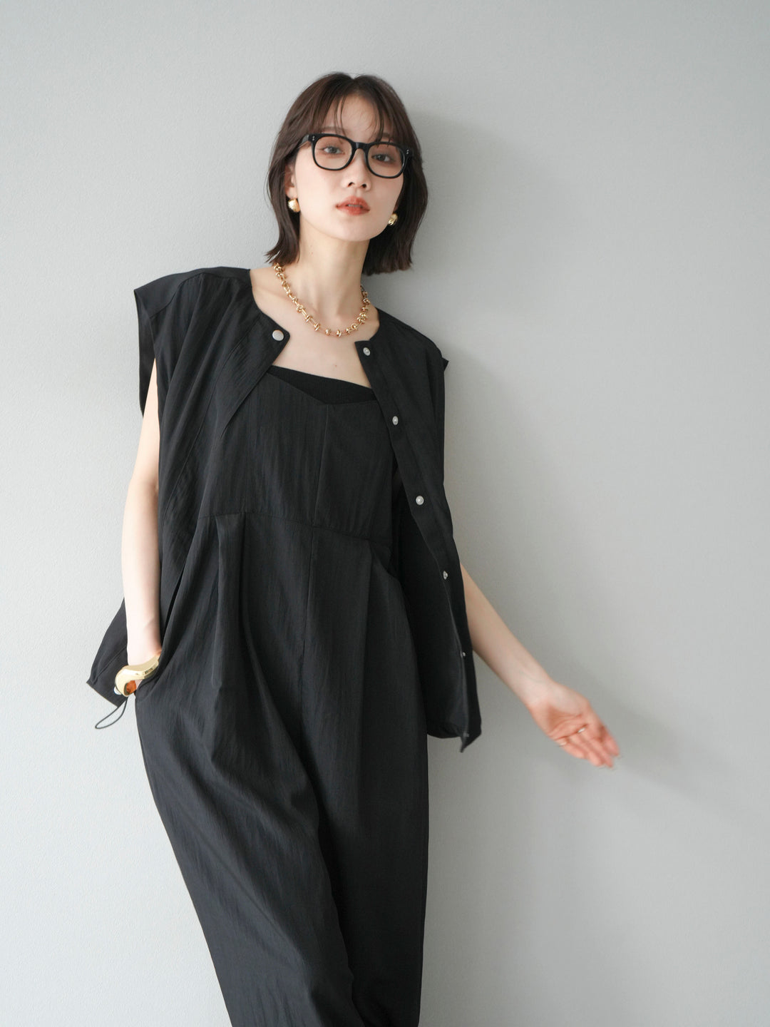 [SET]リネンライクビスチェデザインサロペット+リネンライクドロストバルーンブルゾン(2set)