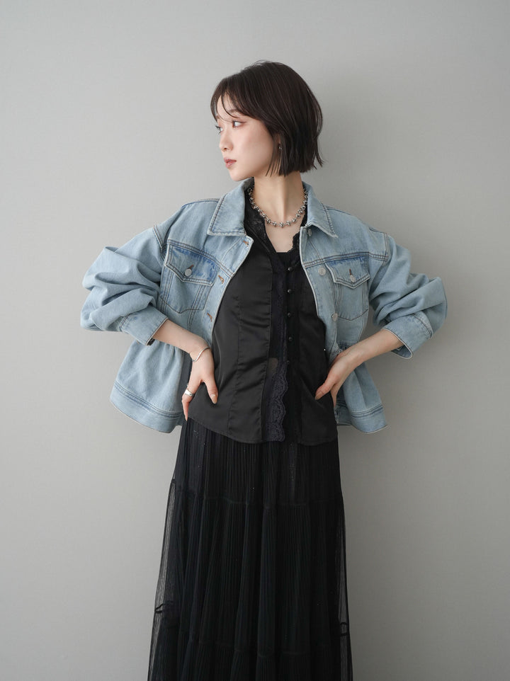 【套裝】荷葉邊牛仔外套+無袖緞面蕾絲吊帶背心+亮片褶皺多層薄紗長裙（三件套）